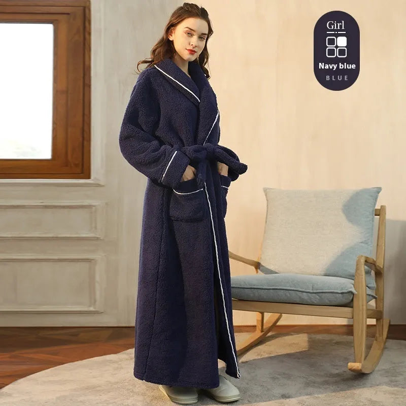 Men's and women's thick flannel bathrobe couple set in winter colours with extended plus sizing