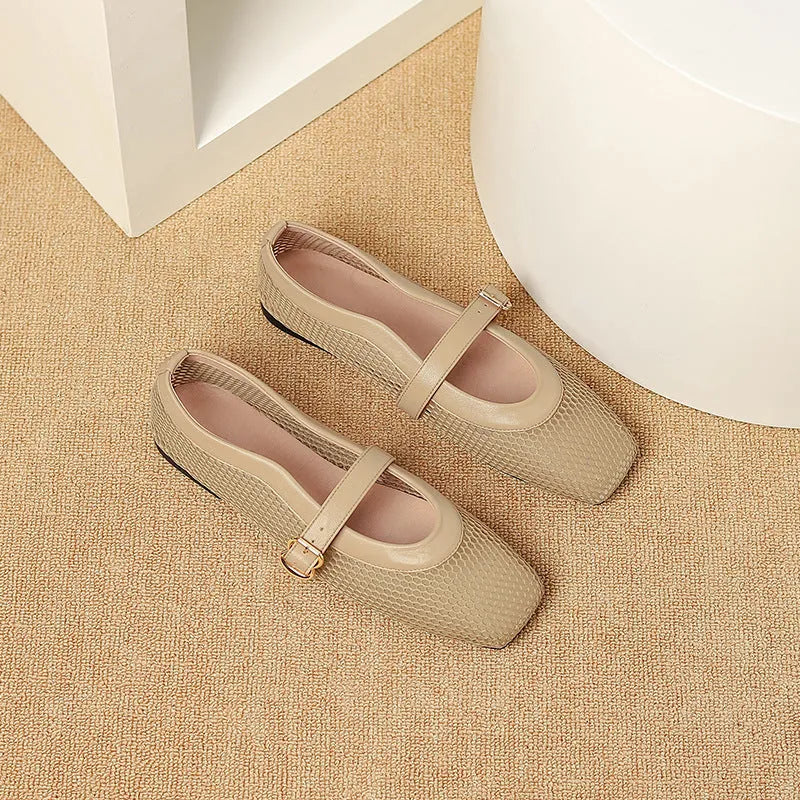 Women's beige mesh low heel pump with a buckle strap and square toe on a neutral background.
