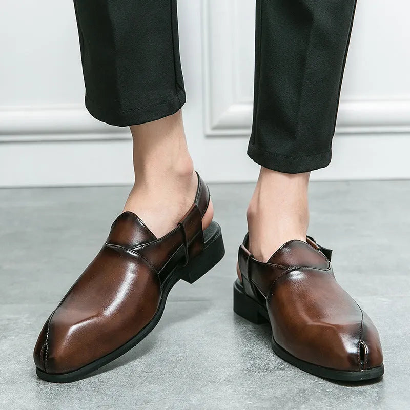 Plus size men's slip-on square toe artificial pu sandals in black with rubber sole and stitched detailing on a light background