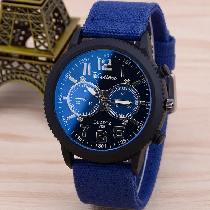 Men's fashion wristwatch with cloth band, 48mm dial, zinc alloy case, red colour