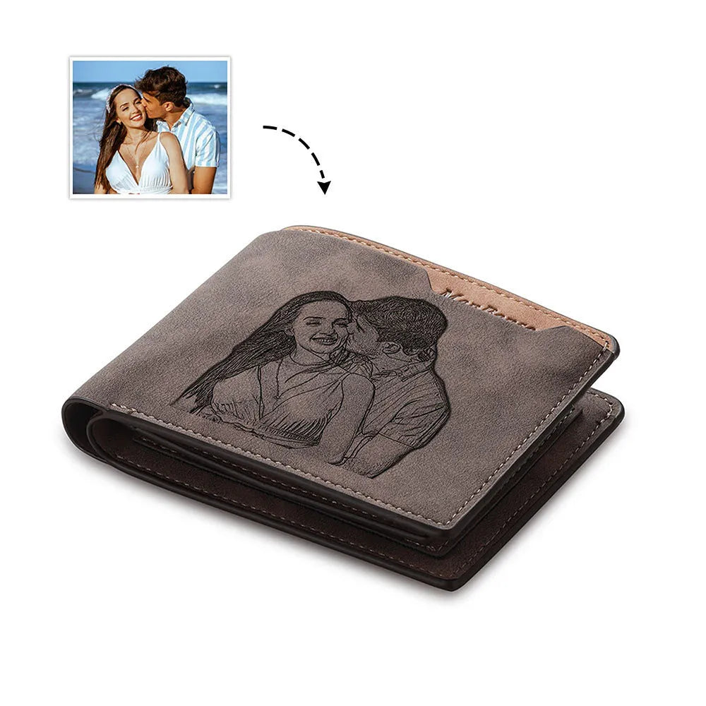 Coffee brown engraved horizontal short wallet for men made from PU leather.