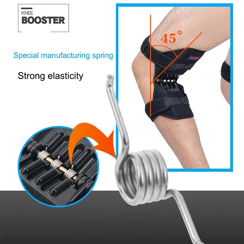 Adjustable spring knee brace patella booster in black colour with breathable fabric and venting holes