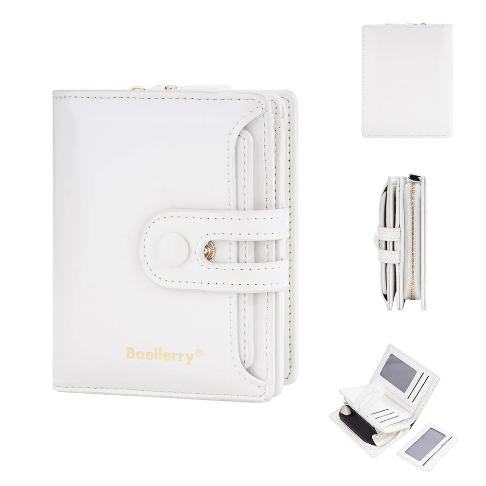 Women's PU leather card holder wallet shown in multiple colour options including black, pink, and blue.