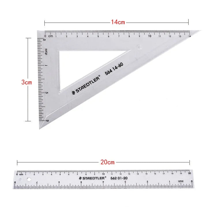 Four-piece plastic student ruler set with 15cm ruler, triangles and protractor in transparent and neon colours