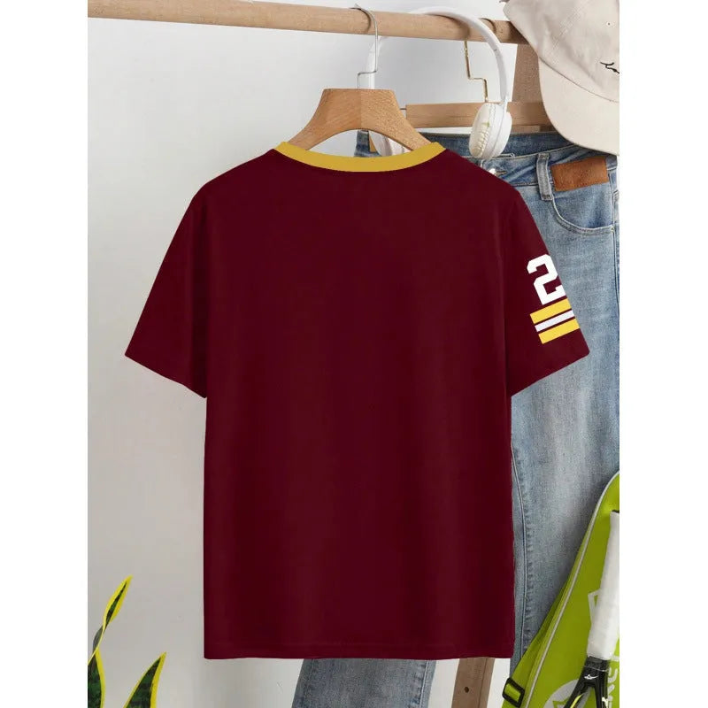 Men's loose fit red T-shirt with a white digital letter print on the front.