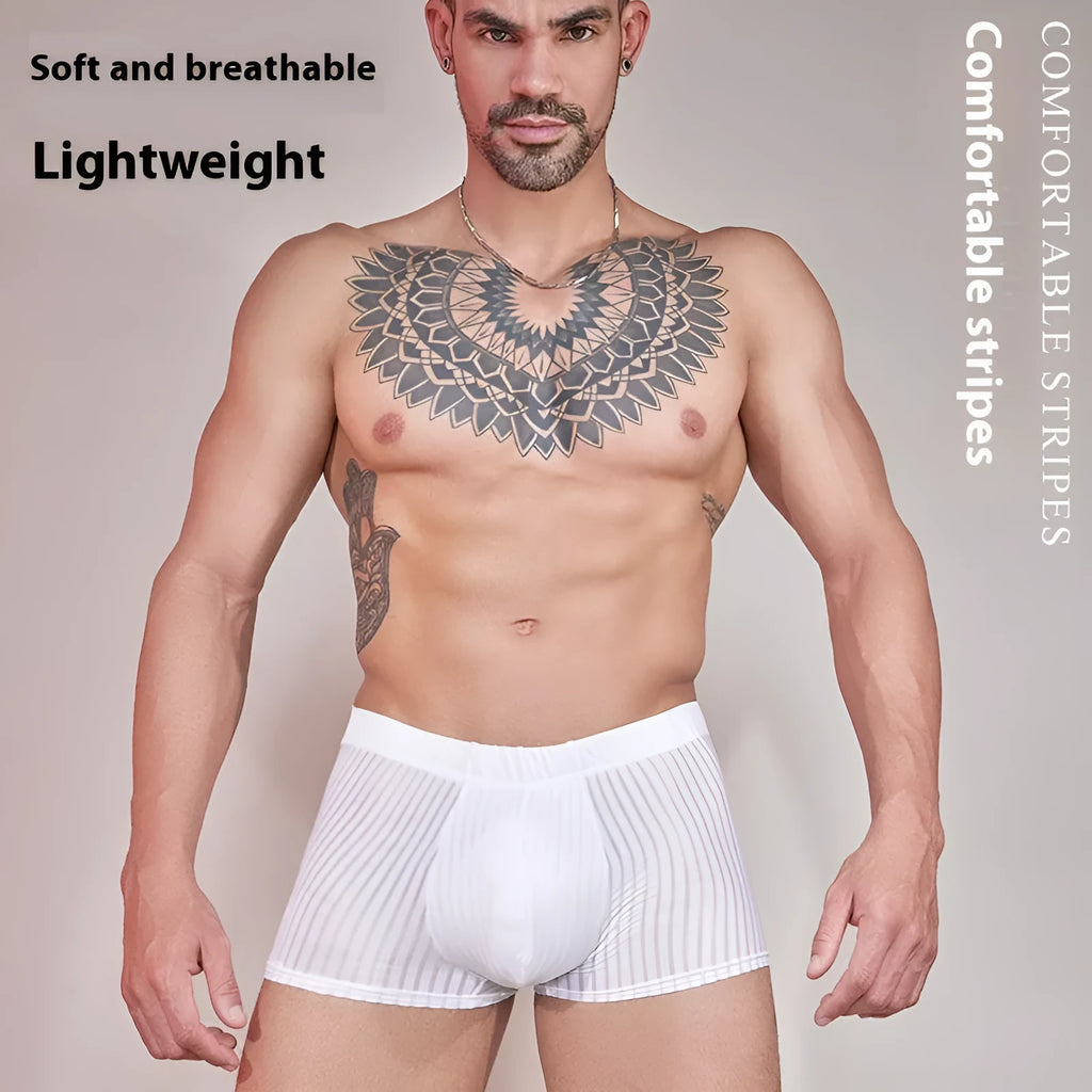 Men's striped underwear in thin transparent nylon fabric, shown in black, dark grey, and white colours.