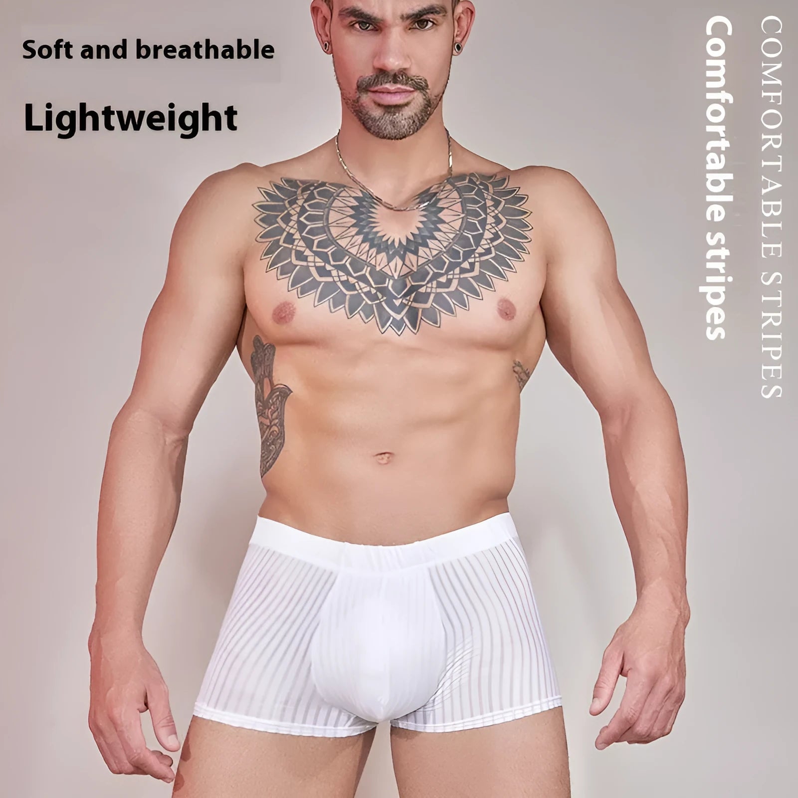 Men's striped underwear in thin transparent nylon fabric, shown in black, dark grey, and white colours.