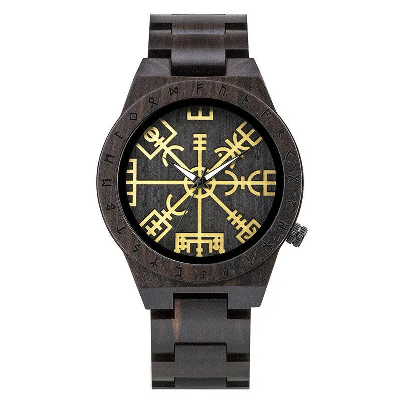 Leisure ebony all wood watch with quartz movement and mineral glass mirror on a neutral background