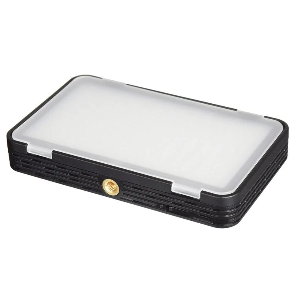 Slim silver Shenniu M150 LED video light mounted on a mobile phone showing its thin 20mm aluminium profile.