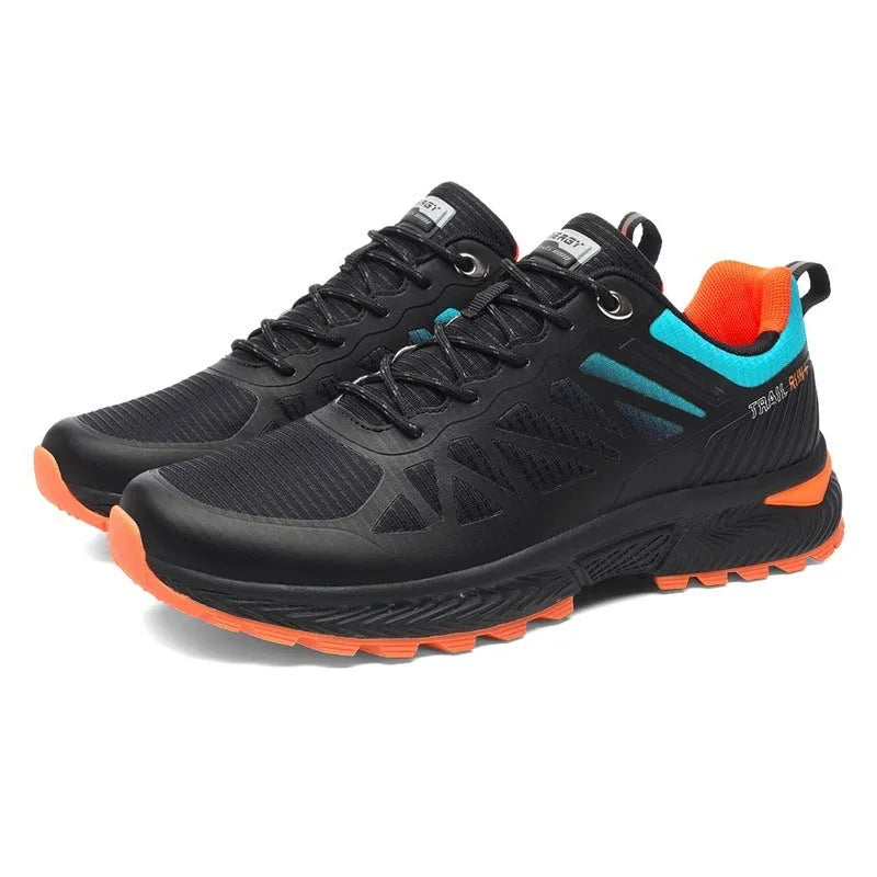 Men's black breathable mesh running shoes with orange accents and a rubber sole