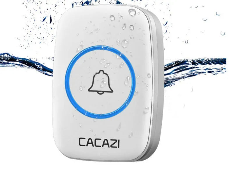 Wireless doorbell system with receiver unit and battery-operated transmitter showing colour options in black, white, gold, and silver finishes