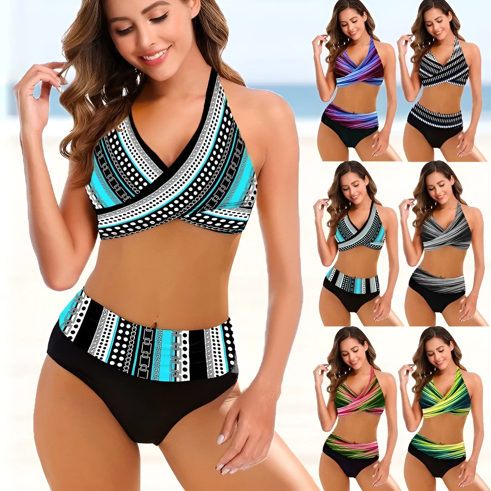 Women's striped tie-dye hollow bikini swimsuit set with high-waist briefs on a model