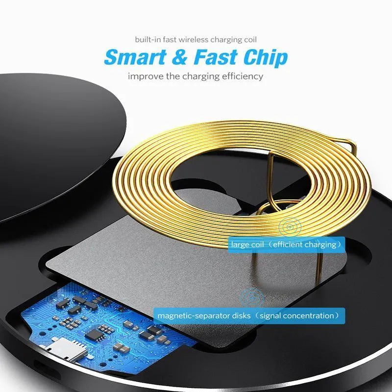 Ultra-thin black wireless charging pad measuring 98mm square with 6.5mm profile