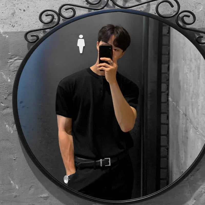 Men's slim-fit black short-sleeved knitted shirt made from thin ice silk material.