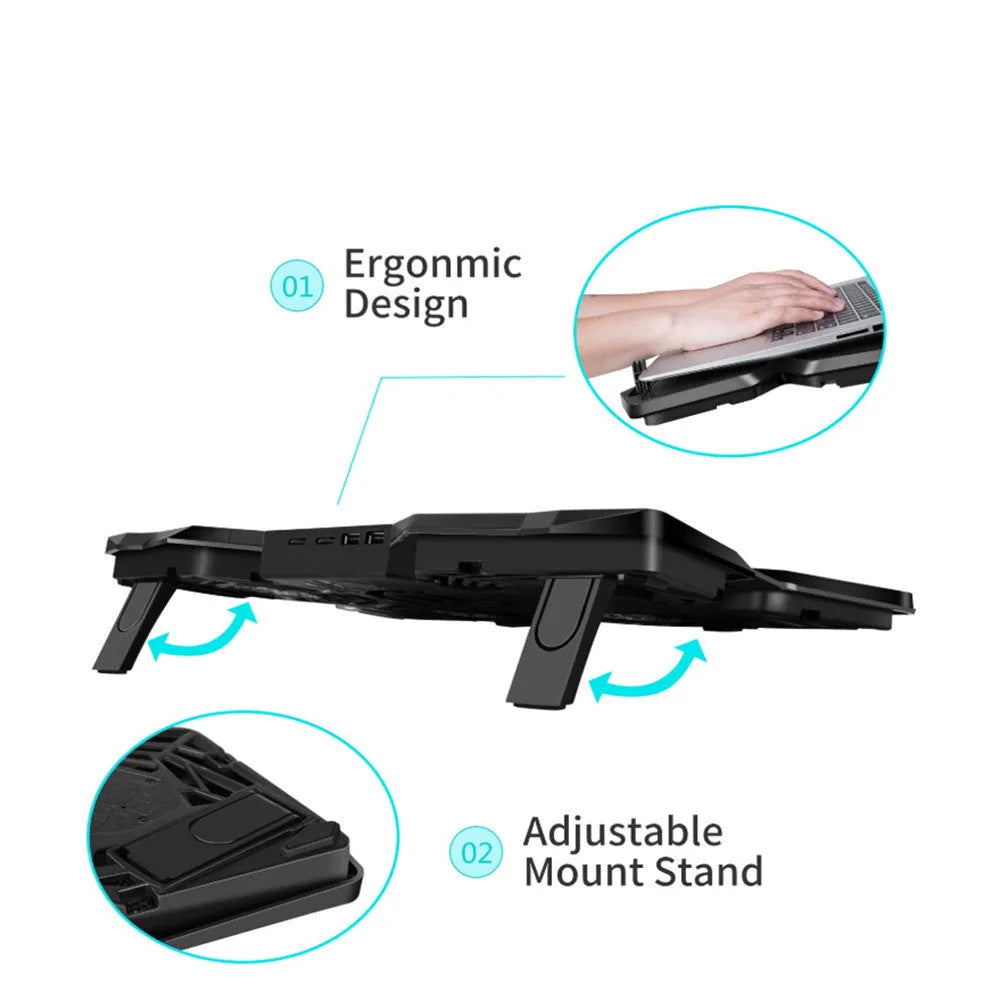 Blue laptop cooling base with four illuminated fans and manual speed controls