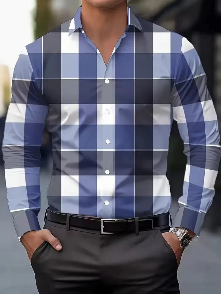 Men's striped long sleeve button lapel shirt in polyester fabric