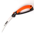 A folding garden hand saw with a black TPR grip and a silver 230mm steel blade, shown both open and closed.