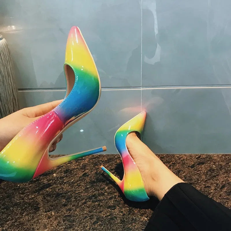 Rainbow patent leather super high heels with pointed toe and thin 10cm or 12cm heel options