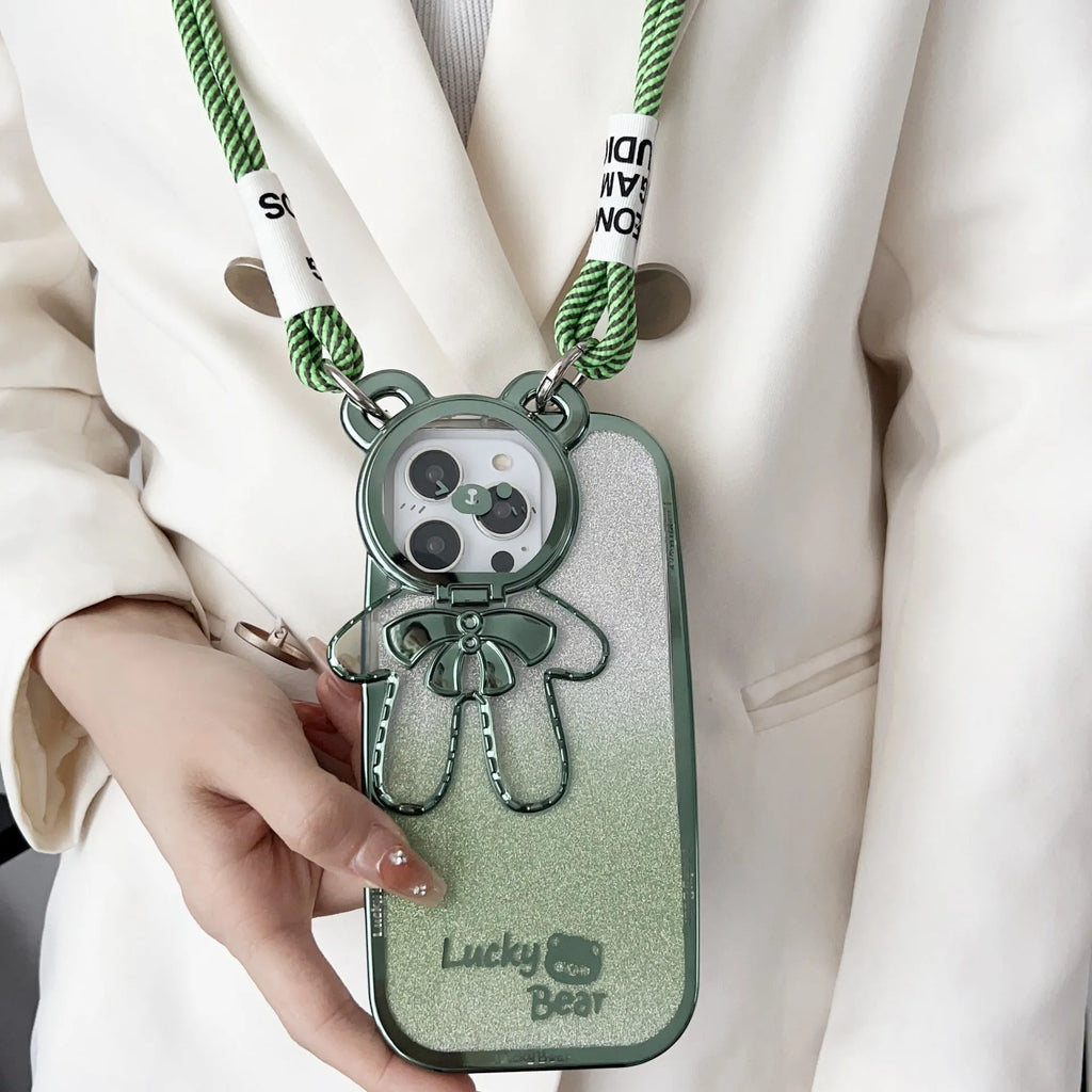 Electroplating glitter TPU phone case with Lucky Bear bracket for iPhone series