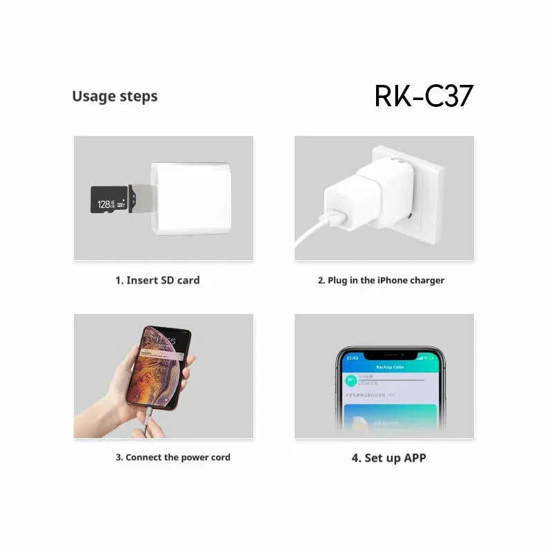 Automatic backup device in white colour with common interface for Apple Android phones