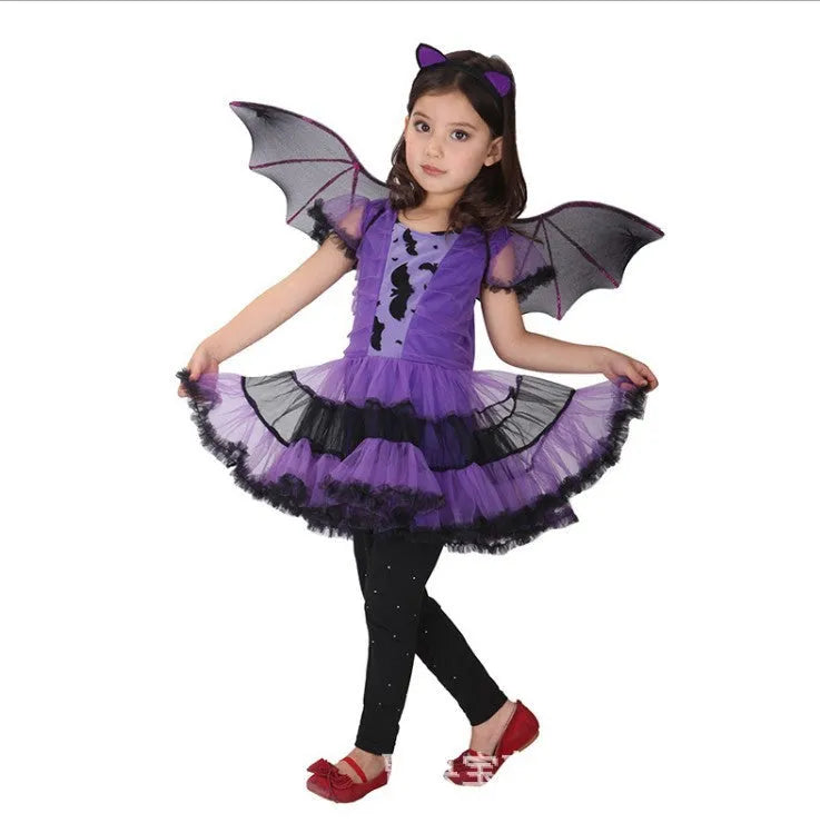 Children's purple spandex Halloween dress with stretch fabric, available in sizes 100cm to 160cm
