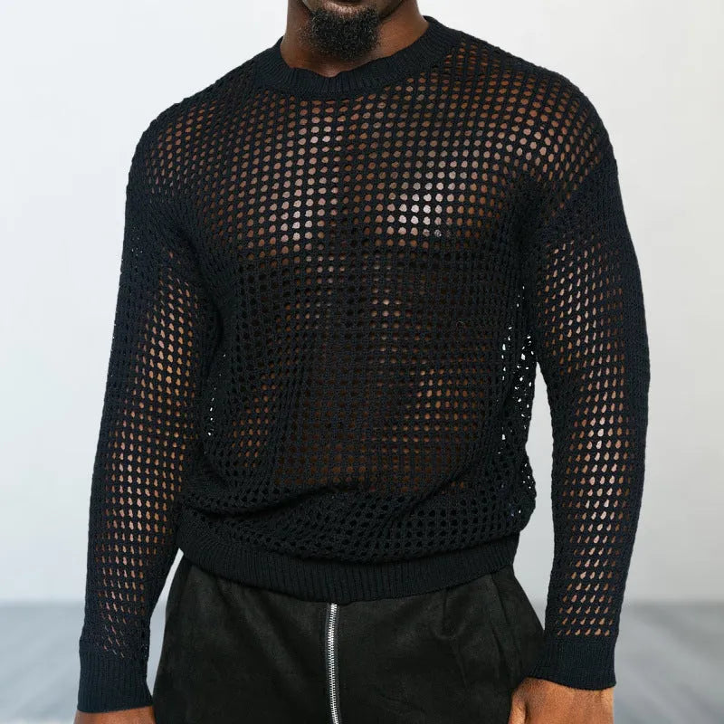 Black thin acrylic round neck loose fit pullover sweater on model