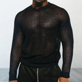 Black thin acrylic round neck loose fit pullover sweater on model
