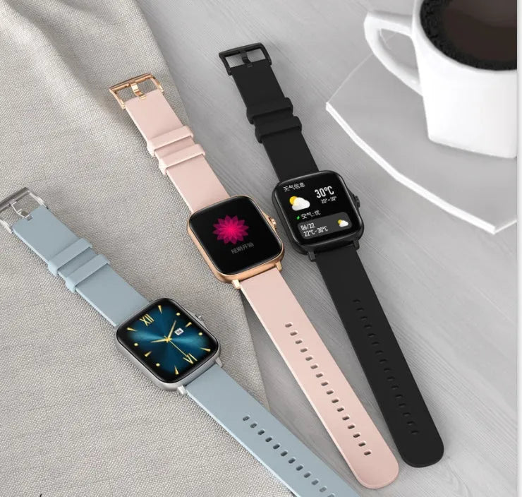 Blue smart sports watch with 1.7-inch colour touch screen on adjustable strap showing fitness data interface.