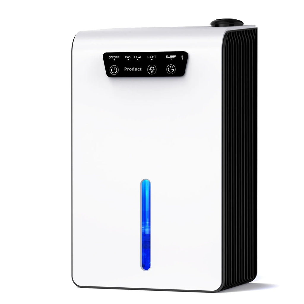 Milky white compact portable dehumidifier for small bedrooms and living spaces.