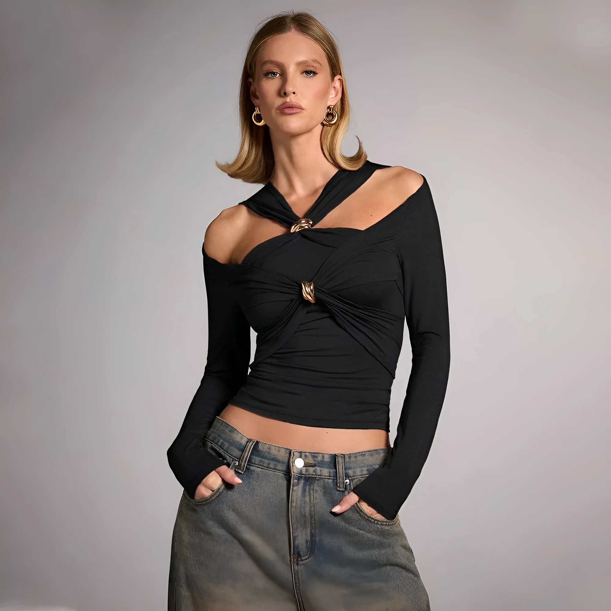 Black women's halter top with shoulder-baring design and slim fit silhouette