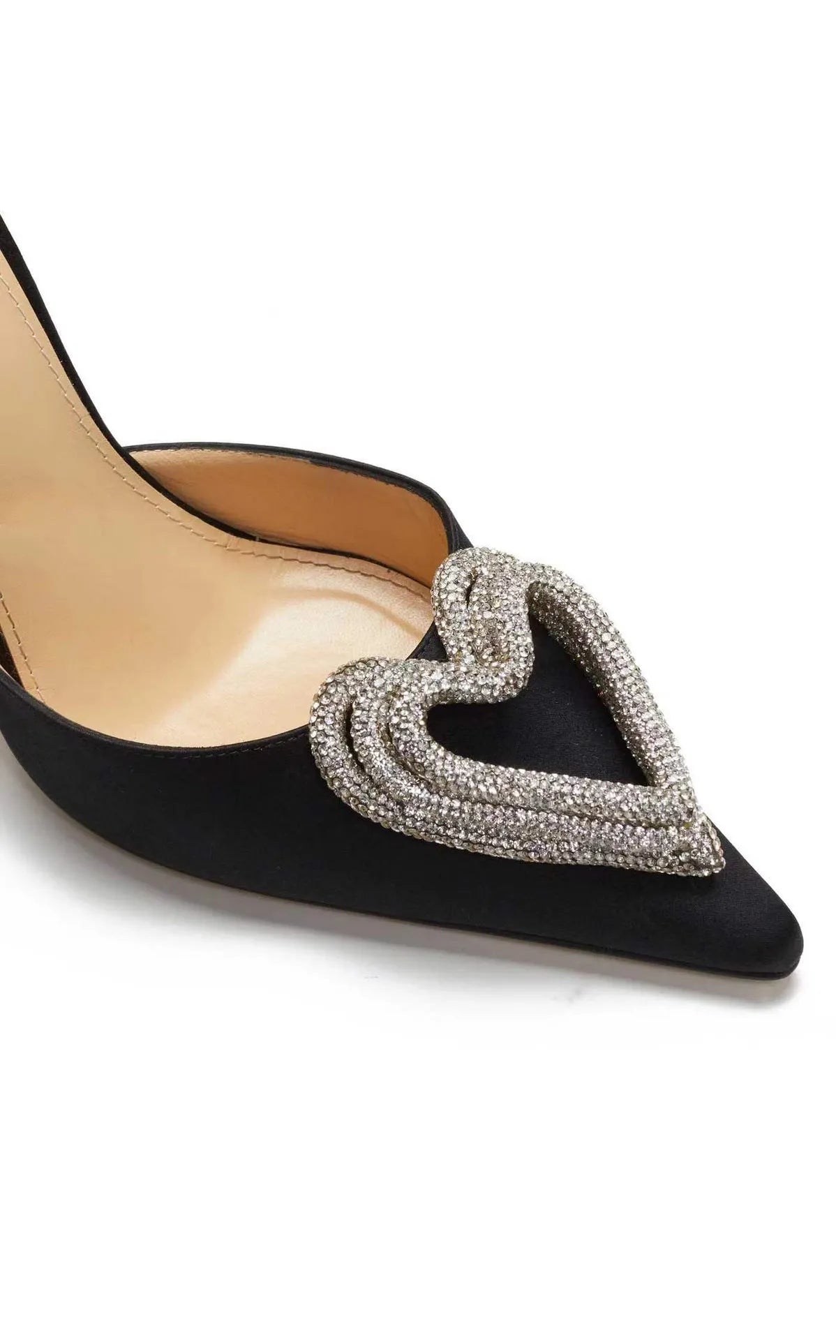 Women's pointed toe sandals with heart-shaped rhinestone decoration on satin upper with winding straps