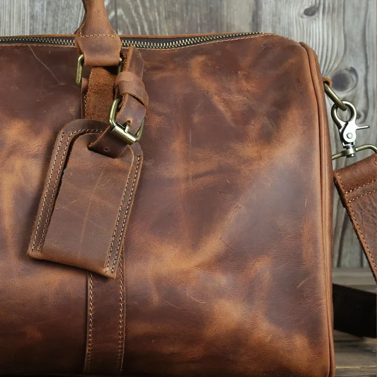 Men's crazy horse leather travel bag brown coffee 50cm length 25cm height
