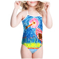 Custom printed one-piece swimsuit for girls ages 3 to 8 years in pink colour with a personalised picture on the front
