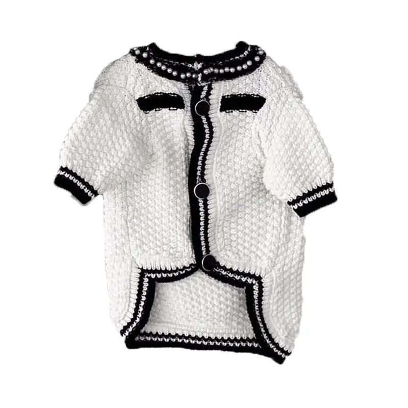 Korean style pearl collar dog sweater in black and white colours showing Princess design for small dogs