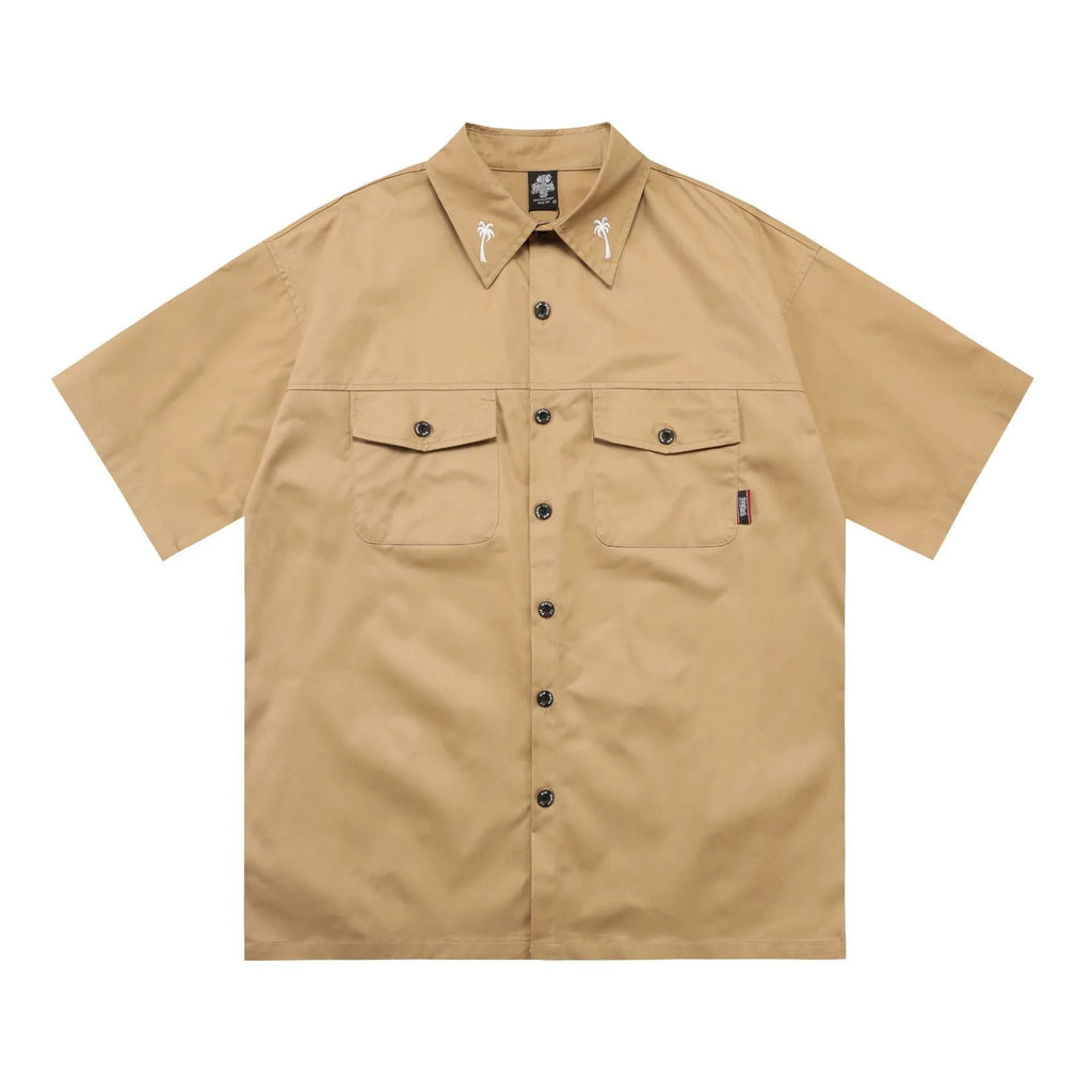 Men's cotton blend pocket work shirt in black or khaki with half sleeves and loose fit