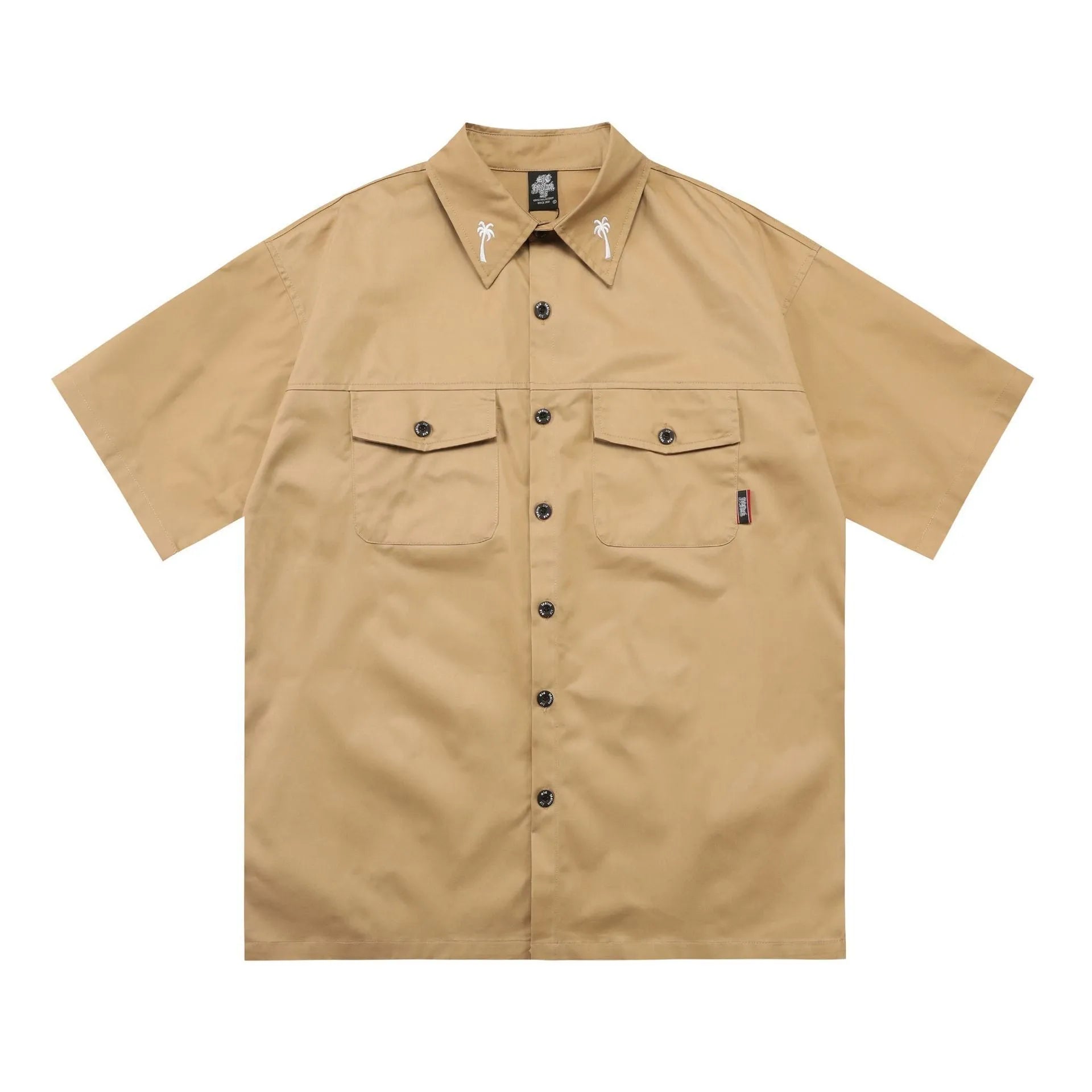 Men's cotton blend pocket work shirt in black or khaki with half sleeves and loose fit