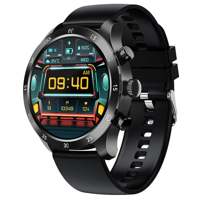 Black smart watch with steel bracelet showing heart rate monitoring and call display on screen.