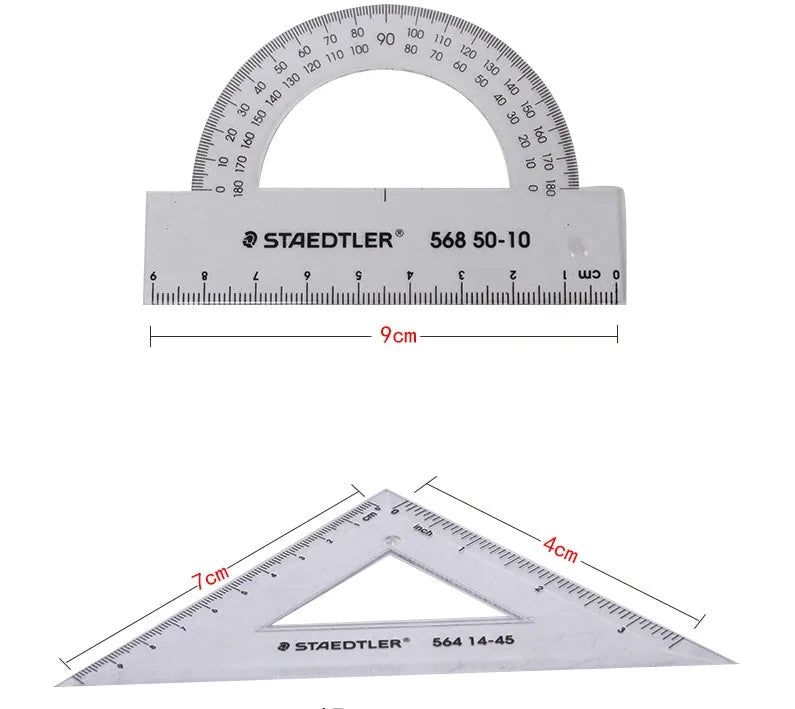 Four-piece plastic student ruler set with 15cm ruler, triangles and protractor in transparent and neon colours