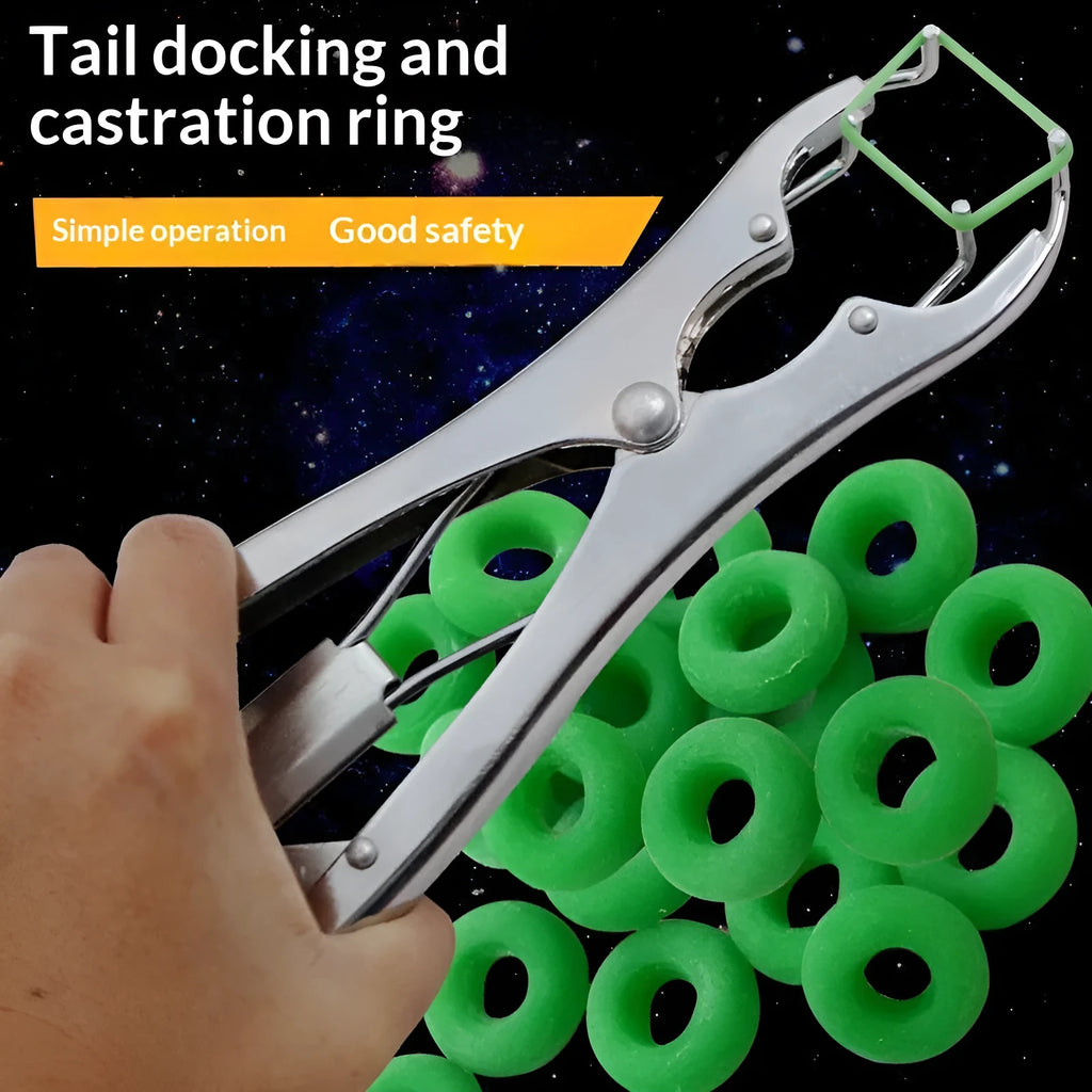Stainless steel expansion clamp tail docking pliers with 100 sheep tail rings for bloodless docking