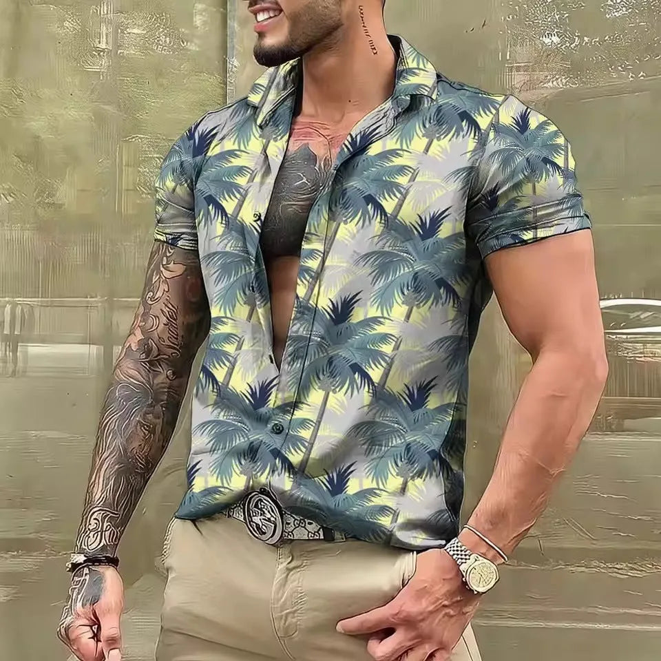 A man's loose-fitting short sleeve cardigan-style top with a colourful floral print.