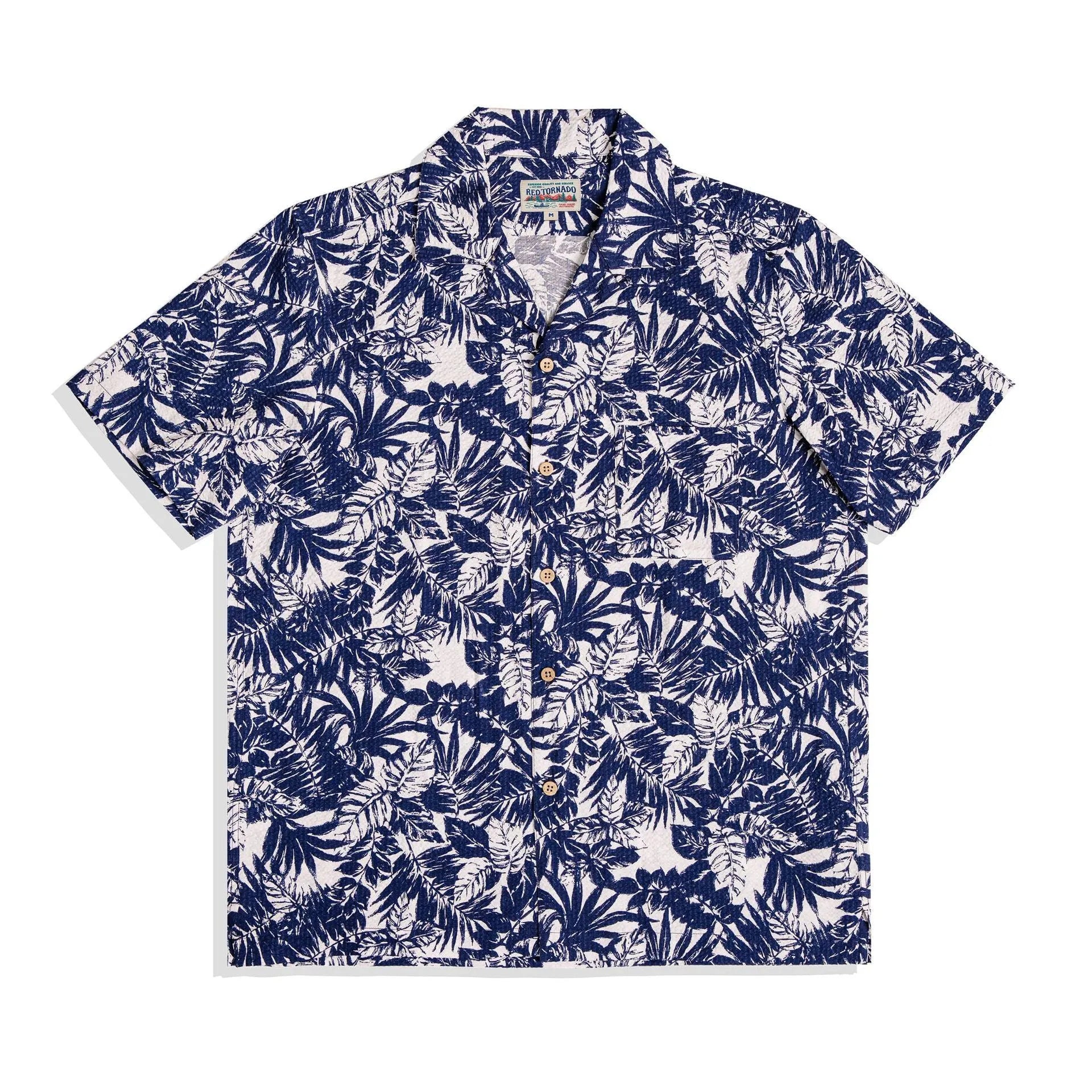 Men's vintage floral print seersucker shirt with Cuban collar in loose-fitting design