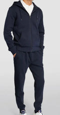 Men's casual polyester fiber sweater suit hoodie and pants set in black, gray, and navy blue
