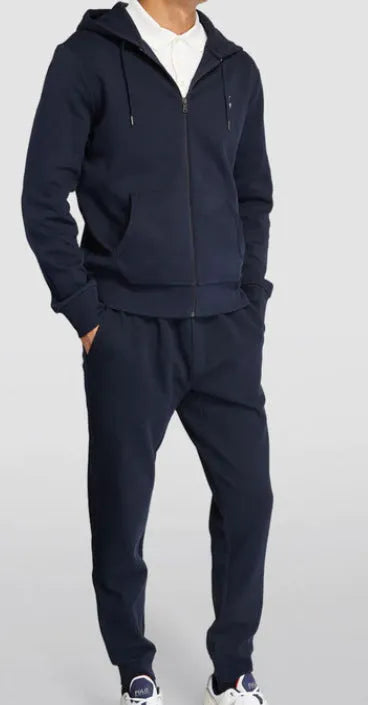 Men's casual polyester fiber sweater suit hoodie and pants set in black, gray, and navy blue