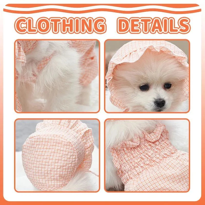 Orange dog jumpsuit with matching hat for small breeds like Yorkies and Chihuahuas, summer outdoor wear