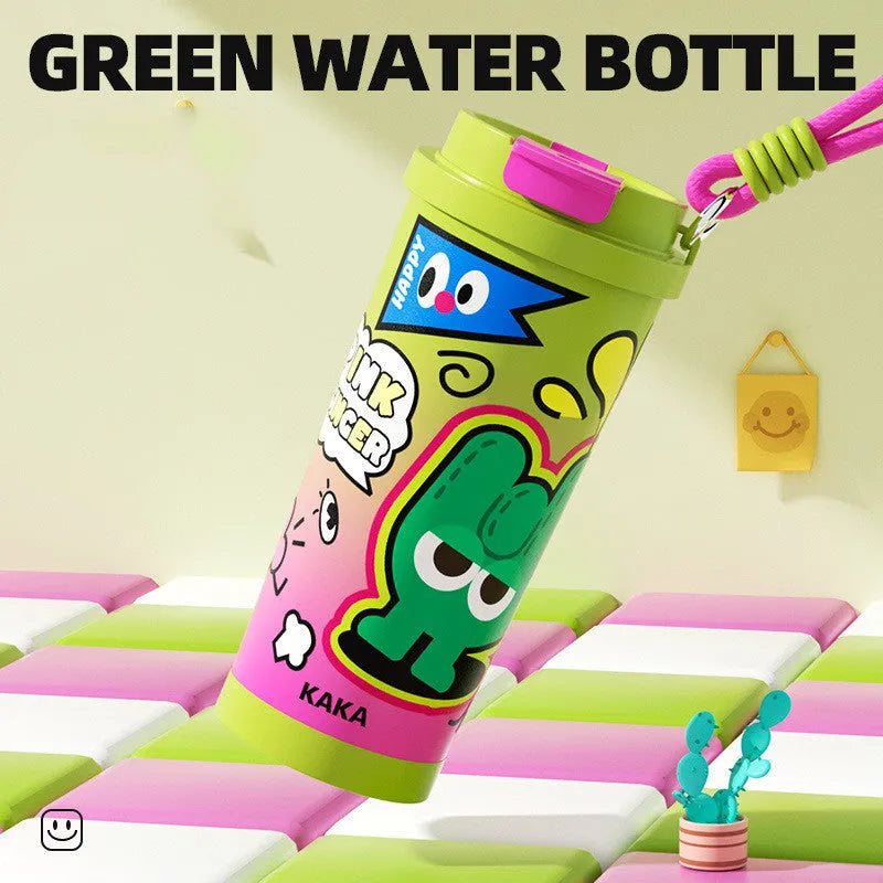 Creative stainless steel vacuum cup in green, black, pink purple or blue/red colours showing 500ml capacity
