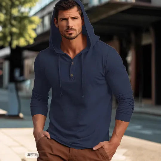 Men's cotton pullover hoodie in dark blue colour showing long sleeves and casual sports style