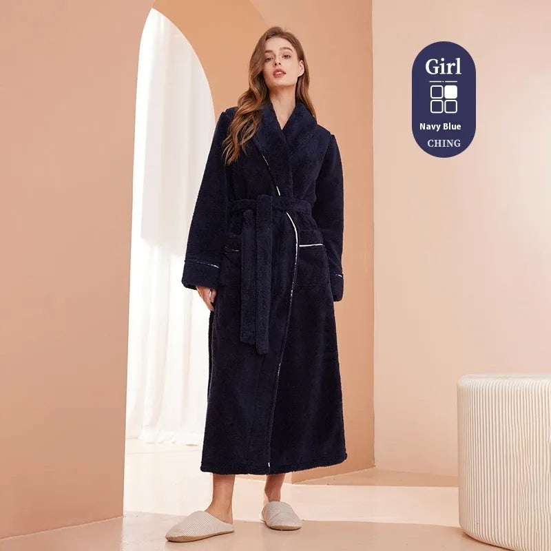 Men's and women's thick flannel bathrobe couple set in winter colours with extended plus sizing