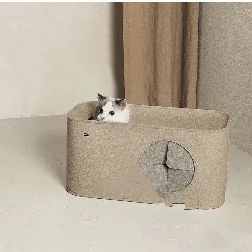 Foldable grey felt cat bed nest shown in both unfolded sleeping position and folded storage position