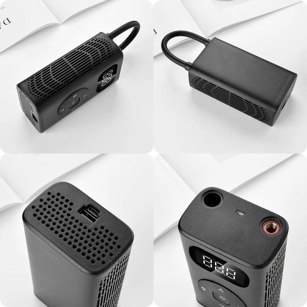 Black M09X portable USB electric air compressor power bank for tyre inflation.