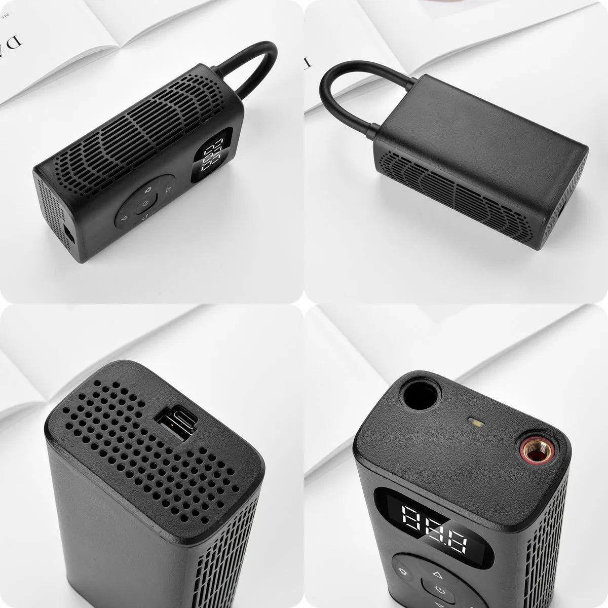 Black M09X portable USB electric air compressor power bank for tyre inflation.
